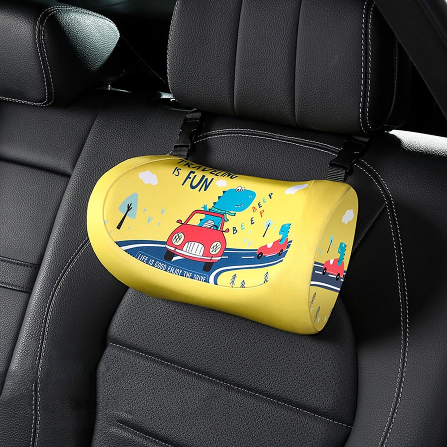 Kwaks Car Headrest PillowAdjustable Car Neck PillowHead Support for Car Seat Car Pillow for Kids and Adults-Road Trip Essentials (Dinosaur Yellow)